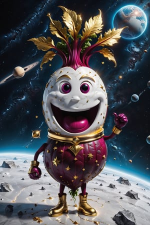 High definition photorealistic render of an incredible and mysterious character beet with eyes and smile located in interstellar space with planets, shooting stars, meteorites, cosmic matter and interstellar space with stars, a vegetable that colonized a new place, in white marble with intricate gold details, luxurious details and parametric architectural style in marble and metal, epic pose
​