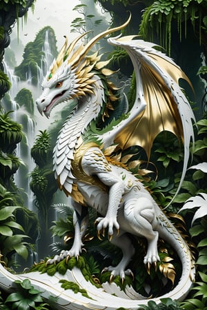 High definition photorealistic render of an incredible and mysterious futuristic mythical creature with scales, hair, dragon wings and bird feathers, with parametric shape and structure in the word, curved and fluid shapes in a thick jungle full of a lot of vegetation and trees with vines and rocks with moss, in white marble with intricate gold details, luxurious details and parametric architectural style in marble and metal, epic pose
​