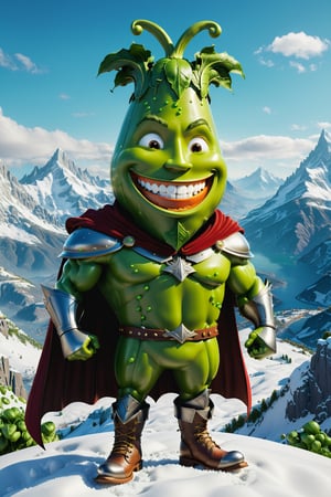 High definition photorealistic render of an incredible and mysterious character of a head mr peas vegetable warrior, with muscles and a big smile, with boots and capes, in a mountains snow, with luxurious details in marble and metal and details in parametric architecture and art deco, the vegetable It must be the head of the character full body pose themed peas themed costumes, magical phantasy