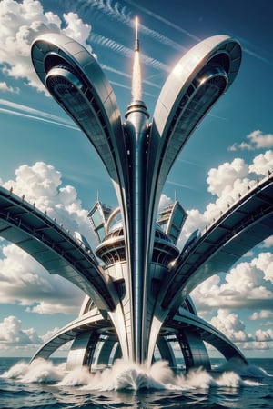 Photorealistic render in high definition of a luxury mega rocket on the sky, with wings on both sides and in the middle a dragon, gold, white, black, turquoise, surreal concept on a private beach, very sculptural and with fluid and organic shapes, with symmetrical curves in shape of dragon wings inspired by Zaha Hadid's style, gold, with black and white details. building inside the jet and a rocket, The design is inspired by the main stage of Tomorrowland 2022, with ultra-realistic Art Deco details and a high level of image complexity.