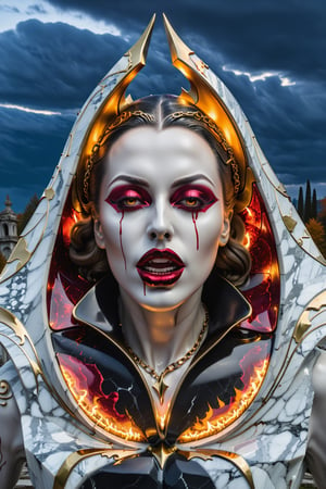 (best quality,  highres,  ultra high resolution,  masterpiece,  realistic,  extremely photograph,  detailed photo,  8K wallpaper,  intricate detail,  film grains),  photorealistic high definition photography of a luxurious Halloween sculpture of a terrifying vampire with his typical costume and large blood fangs, in  marble and gold metal with iridescence effect,  in an abandoned cemetery,  with parametric style of zaha hadid,  path of candles,  rocks,  autumn scene with blood,  chains,  fire and smoke,  enigmatic darkness,  the vampire must be guarding with a ghost,  professional photography with blur and professional ISO parameters and high shutter speed,  lightning in a mysterious night the cemetery must have tombs with fluid and organic and pointed shapes,  in metal,  marble and iridescent glass,  with symmetrical curves on a marble background,  details in black and white gold,  ruby,  inspired by Zaha Hadid's style,  golden iridescence,  with details in black and white. The design is inspired by the Tomorrowland 2022 main stage,  with ultra-realistic Art Deco details and a high level of iridescent image complexity.