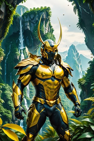 High definition photorealistic render of a incredible and mysterious mythological character of a warrior he must be standing, wasp with long yellow and black antennae-men fusioned head bee fuioned whit full body men, warrior gladiator armor mistycal full body, in a dense and thick jungle with mountains, trees with lianas and giant rocks with waterfall cliffs and gold and dark green details, whit luxury architecture parametric design in background, sky efect iridicent, blocks ice, with hypermaximalist details, marble, metal and glass parametric zaha hadid, wasp with long yellow and black antennae