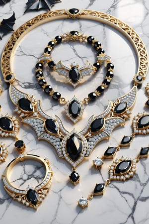 photorealistic render in high definition of a jewelry set that includes a necklace, a bracelet, a ring and a pair of earrings, made of diamonds and black precious stones, this entire set must be themed in the shape of a BAT, until its presentation, the background mustWHITE MARBLE, GOLD, iridescent glass and marble and luxurious oriental external decoration, full of elegant mystery, symmetrical, geometric and parametric details, Technical design, Ultra intricate details, Ornate details, Stylized details, Cinematic lighting, 8k, Unreal , Photorealistic, Hyperrealism, CGI, VFX, SFX