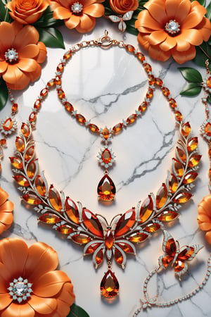 Photorealistic render in high definition of a jewelry set that includes a necklace, a bracelet, a ring and a pair of earrings, made of diamonds and orange precious stones, this entire set must be themed in the shape of a real butterfly, up to its presentation, the background should include feathers and flowers on a fabric background, iridescent glass and marble and luxurious oriental external decoration, full of elegant mystery, symmetrical, geometric and parametric details, Technical design, Ultra intricate details, Ornate details, Stylized details, Cinematic Lighting, 8k, Unreal, Photorealistic, Hyperrealism, CGI, VFX, SFX