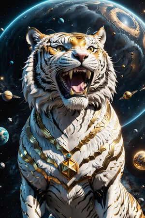 High definition photorealistic render of an incredible and mysterious character tiger sing with eyes and smile located in interstellar space with planets, shooting stars, meteorites, cosmic matter and interstellar space with stars, a vegetable that colonized a new place, in white marble with intricate gold details, luxurious details and parametric architectural style in marble and metal, epic pose
​