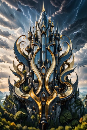 (best quality,  highres,  ultra high resolution,  masterpiece,  realistic,  extremely photograph,  detailed photo,  8K wallpaper,  intricate detail,  film grains), luxurious surreal scene of a giant vertical castle with dragon and hypersound rocket in parametric style, with flowing curves in black and white marble, gold metal and iridescent glass, inspired by Zaha Hadid, symmetrical, flowing curves and pointed corners, an aggressive design and imposing with details in art deco style, located in a shocking, magical and resplendent dream in the middle of a forest of black crystal trees under a sky of thunderstorms with fireworks and interstellar space visible with rainy weather