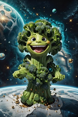 High definition photorealistic render of an incredible and mysterious character broccoli with eyes and smile located in interstellar space with planets, shooting stars, meteorites, cosmic matter and interstellar space with stars, a vegetable that colonized a new place, in white marble with intricate gold details, luxurious details and parametric architectural style in marble and metal, epic pose
​