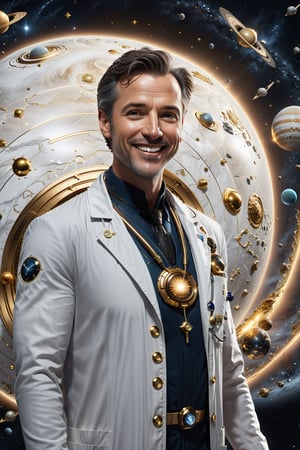 High definition photorealistic render of an incredible and mysterious character doctor with eyes and smile located in interstellar space with planets, shooting stars, meteorites, cosmic matter and interstellar space with stars, a vegetable that colonized a new place, in white marble with intricate gold details, luxurious details and parametric architectural style in marble and metal, epic pose
​