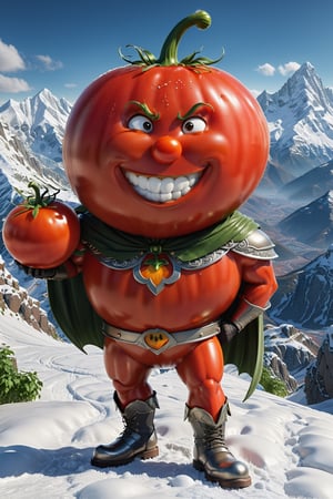 High definition photorealistic render of an incredible and mysterious character of a head mr tomato warrior, with men muscles and a big smile, with boots and capes, in a mountains snow, with luxurious details in marble and metal and details in parametric architecture and art deco, the vegetable It must be the head of the character full body pose fruit, themed tomato themed costumes, magical phantasy