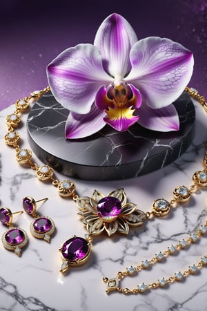 (best quality, highres, ultra high resolution, masterpiece, realistic, extremely photograph, detailed photo, 8K wallpaper, intricate detail, film grains) photorealistic render in high definition of a orchid inspiration jewelry set that includes a necklace, a bracelet, a ring and a pair of earrings, all of these must be made of diamonds and purple precious stones, since they must be themed or symbolically represent an orchid , the jewelry set must be in marble and iridescent glass and marble and luxurious oriental external decoration, full of elegant mystery, symmetrical, geometric and parametric details, Technical design, Ultra intricate details, Ornate details, Stylized details, Cinematic lighting, 8k, Unreal, Photorealistic, Hyperrealism, CGI, VFX, SFX