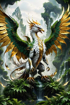 High definition photorealistic render of an incredible and mysterious futuristic mythical creating creature inusual big with shaped like a phoenix bird but with large fangs and dragon wings in splosion monster with parametric shape and structure in the word, curved and fluid shapes in a thick jungle full of a lot of vegetation and trees with vines and rocks with moss, in white marble with intricate gold details, luxurious details and parametric architectural style in marble and metal, epic pose
​