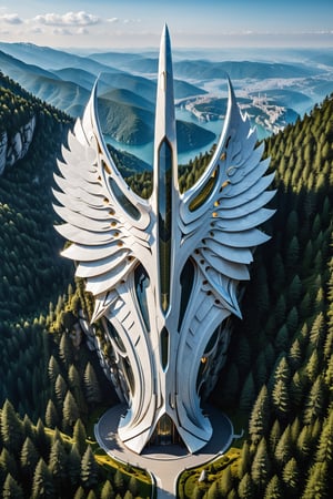 (best quality,  highres,  ultra high resolution,  masterpiece,  realistic,  extremely photograph,  detailed photo,  8K wallpaper,  intricate detail,  film grains), luxurious parametric sculpture in marble on a forest mountain, in metal of a mega rocket with giant glass wings, inspired by the sculptural designs of Zaha Hadid, it must be symmetrical and with shapes similar to the wings, and in the middle there must be a sword with a throne-style gothic design and general everything with very fluid curves and pointed corners, an aggressive and imposing design with a lot of details in each parametric curve, the design should be inside a castle with marble, details in precious stones