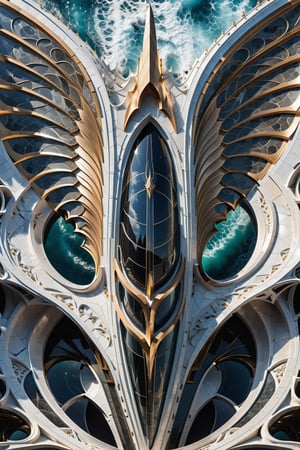 (best quality,  highres,  ultra high resolution,  masterpiece,  realistic,  extremely photograph,  detailed photo,  8K wallpaper,  intricate detail,  film grains), luxurious parametric sculpture in marble on a under sea, in metal of a mega rocket with giant glass wings, inspired by the sculptural designs of Zaha Hadid, it must be symmetrical and with shapes similar to the wings, and in the middle there must be a sword with a throne-style gothic design and general everything with very fluid curves and pointed corners, an aggressive and imposing design with a lot of details in each parametric curve, the design should be inside a castle with marble, details in precious stones