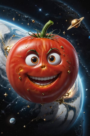 High definition photorealistic render of an incredible and mysterious character tomato with eyes and smile located in interstellar space with planets, shooting stars, meteorites, cosmic matter and interstellar space with stars, a vegetable that colonized a new place, in white marble with intricate gold details, luxurious details and parametric architectural style in marble and metal, epic pose
​