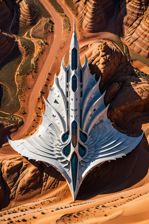 (best quality,  highres,  ultra high resolution,  masterpiece,  realistic,  extremely photograph,  detailed photo,  8K wallpaper,  intricate detail,  film grains), luxurious parametric sculpture in marble on a desert mountain, in metal of a mega rocket with giant glass wings, inspired by the sculptural designs of Zaha Hadid, it must be symmetrical and with shapes similar to the wings, and in the middle there must be a sword with a throne-style gothic design and general everything with very fluid curves and pointed corners, an aggressive and imposing design with a lot of details in each parametric curve, the design should be inside a castle with marble, details in precious stones