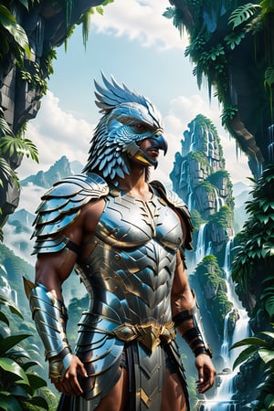 High definition photorealistic render of a incredible and mysterious mythological character of a warrior head 
pigeon fusion whit body men, warrior gladiator armor mistycal full body,  in a dense and thick jungle with mountains, trees with lianas and giant rocks with waterfall. whit luxury architecture parametric design in background, sky efect iridicent, blocks ice, with hypermaximalist details, marble, metal and glass parametric zaha hadid