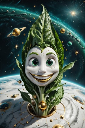 High definition photorealistic render of an incredible and mysterious character spinach with eyes and smile located in interstellar space with planets, shooting stars, meteorites, cosmic matter and interstellar space with stars, a vegetable that colonized a new place, in white marble with intricate gold details, luxurious details and parametric architectural style in marble and metal, epic pose
​