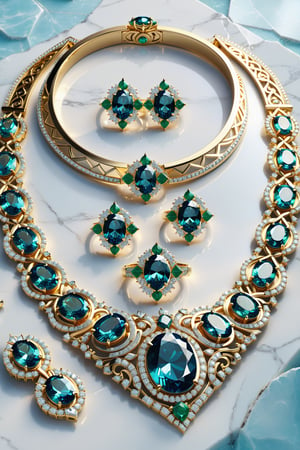 Photorealistic render in high definition of a jewelry set that includes a necklace, a bracelet, a ring and a pair of earrings, made of blue diamonds and emeralds, this entire set must be themed in one sice, from its morphology to its presentation , on a background of gold fabric in gradient towards white, iridescent glass and white marble with black and luxurious oriental external decoration, full of elegant mystery, symmetrical, geometric and parametric details, Technical design, Ultra intricate details, Ornate details, Stylized details , Cinematic Lighting, 8k, Unreal, Photorealistic, Hyperrealism, Photography, Photo shoot, Shot with 70mm lens, depth of field, DOF, tilt blur, shutter speed 1/1000, F/22, super resolution, Highlights with ray tracing, lumen reflections, diffraction grading, chromatic aberration, GB shift, scan lines, ray tracing, ray tracing ambient occlusion, anti-aliasing, Cel Shading, tone mapping, CGI, VFX, SFX