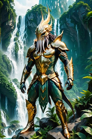 High definition photorealistic render of a incredible and mysterious mythological character of a warrior he must be standing, squid-men fusioned head squid animal fuioned whit full body men, warrior gladiator armor mistycal full body, in a dense and thick jungle with mountains, trees with lianas and giant rocks with waterfall cliffs and gold and dark green details, whit luxury architecture parametric design in background, sky efect iridicent, blocks ice, with hypermaximalist details, marble, metal and glass parametric zaha hadid