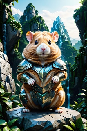 High definition photorealistic render of a incredible and mysterious mythological character of a warrior hamster animal whit body men, warrior gladiator armor mistycal full body,  in a dense and thick jungle with mountains, trees with lianas and giant rocks with waterfall. whit luxury architecture parametric design in background, sky efect iridicent, blocks ice, with hypermaximalist details, marble, metal and glass parametric zaha hadid