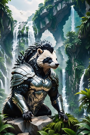 High definition photorealistic render of a incredible and mysterious mythological character of a warrior head skunk animal whit body men, warrior gladiator armor mistycal full body,  in a dense and thick jungle with mountains, trees with lianas and giant rocks with waterfall. whit luxury architecture parametric design in background, sky efect iridicent, blocks ice, with hypermaximalist details, marble, metal and glass parametric zaha hadid