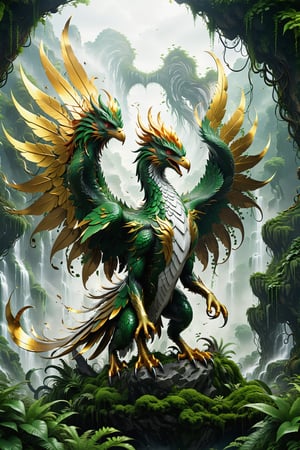 High definition photorealistic render of an incredible and mysterious futuristic mythical creating creature inusual big with shaped like a phoenix bird but with large fangs and dragon wings in splosion monster with parametric shape and structure in the word, curved and fluid shapes in a thick jungle full of a lot of vegetation and trees with vines and rocks with moss, in white marble with intricate gold details, luxurious details and parametric architectural style in marble and metal, epic pose
​