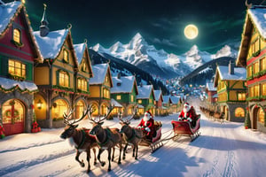 High definition photorealistic render of aBeautiful mythical Christmas scene of Santa Claus with a flying sleigh pulled by reindeer in a mysterious and cozy town at night with yellow lights and many houses impregnated with Christmas, in red, green and white colors, a magical Christmas scene with intricate details and the entire town on a mountain full of snow