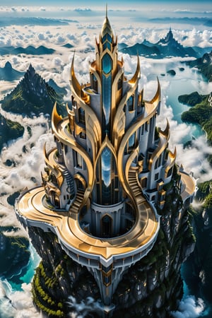 (best quality,  highres,  ultra high resolution,  masterpiece,  realistic,  extremely photograph,  detailed photo,  8K wallpaper,  intricate detail,  film grains), luxurious surreal scene of a giant vertical castle with dragon and hypersound rocket in parametric style, with flowing curves in black and white marble, gold metal and iridescent glass, inspired by Zaha Hadid, symmetrical, flowing curves and pointed corners, an aggressive design and imposing with details in art deco style, located in a resplendent and epic mountains that float in the sky above a sea of clouds and waterfalls of crystal clear water, Shadows projected on the clouds and glitter of the water