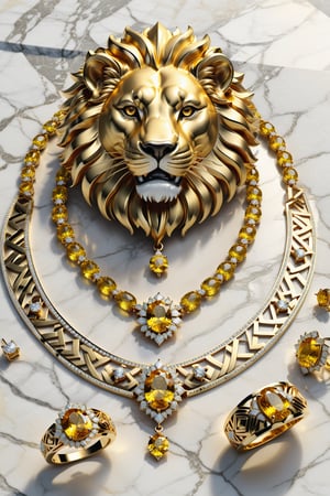 photorealistic render in high definition of a jewelry set IN MARBLE YELLOW  that includes a necklace, a bracelet, a ring and a pair of earrings, made of diamonds and yellow precious stones, this entire set must be themed in the shape of a lion, even its presentation, the background must WHITE MARBLE YELLOW, GOLD, iridescent glass and marble and luxurious oriental external decoration, full of elegant mystery, symmetrical, geometric and parametric details, Technical design, Ultra intricate details, Ornate details, Stylized details, Cinematic lighting, 8k, Unreal, Photorealistic, Hyperrealism, CGI, VFX, SFX