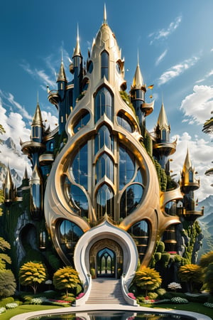 (best quality,  highres,  ultra high resolution,  masterpiece,  realistic,  extremely photograph,  detailed photo,  8K wallpaper,  intricate detail,  film grains), luxurious surreal scene of a giant vertical castle with dragon and hypersound rocket in parametric style, with flowing curves in black and white marble, gold metal and iridescent glass, inspired by Zaha Hadid, symmetrical, flowing curves and pointed corners, an aggressive design and imposing with art deco style details, located in a resplendent valley of giant trees and glass leaves that reflect the sky and flowers that sing in the wind