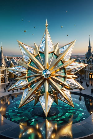 High definition photorealistic render of a luxury Beautiful Giant golden Christmas mega star in parametric and biomimetic style with luxury ornament, with crystal details with iridescent and holographic effect in the parts located in a mythical Christmas scene, a mysterious city at night with many houses impregnated with Christmas, in red colors , green and white, a scene with sculpted sculptural ornaments, at the bottom of the sea, with fish, marine life and bubbles, ice effects, with fluid and organic shapes, with precious stones, metal and marble, gold, with a background where A parametric sculpture appears with dragon wings, in metal, marble and iridescent glass, with precious diamonds, with symmetrical curves in the shape of wings on a marble background, black and white details, chaotic swarowski, inspired by the style of Zaha Hadid, golden iridescence, with black and white details. The design is inspired by the main stage of Tomorrowland 2022, with ultra-realistic Art Deco details and a high level of image complexity iridescence, a photograph with professional photography parameters with focal aperture and depth of field
