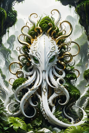 High definition photorealistic render of an incredible and mysterious futuristic mythical creating creature inusual whit very tentacles and heads, in splosion monster with parametric shape and structure in the word, curved and fluid shapes in a thick jungle full of a lot of vegetation and trees with vines and rocks with moss, in white marble with intricate gold details, luxurious details and parametric architectural style in marble and metal, epic pose
​