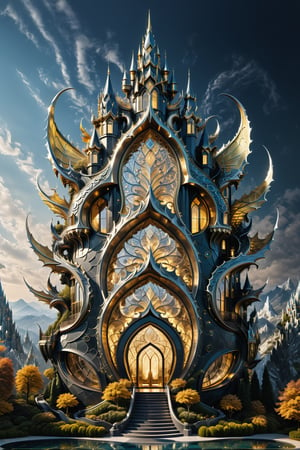 (best quality,  highres,  ultra high resolution,  masterpiece,  realistic,  extremely photograph,  detailed photo,  8K wallpaper,  intricate detail,  film grains), luxurious surreal night scene of a giant vertical dragon castle in parametric style, with fluid curves in black and white marble, gold metal and iridescent glass, inspired by Zaha Hadid, symmetrical, fluid curves and pointed corners, an aggressive and imposing design with lots of art deco detail, located in a charming and dazzling forest of crystal trees growing on a bed of gems, in a temperate climate with gentle breezes