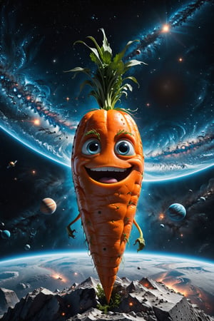 High definition photorealistic render of an incredible and mysterious monstrous carrot with eyes located in interstellar space with planets, shooting stars, meteorites, cosmic matter and interstellar space with stars, luxurious details and parametric architectural style in marble and metal, epic pose
​