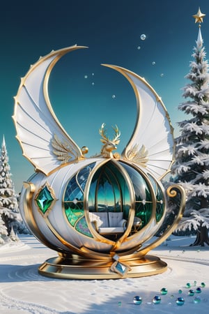 High definition photorealistic render of a luxury Beautiful Santa's Christmas sleigh with an elegant design where the front part should be a reindeer head, with beautiful antlers and wings in gold, giant in parametric and biomimetic style with luxury ornament, with crystal details with iridescent and holographic effect in the hollow parts, located in a mythical Christmas scene, a mysterious city at night with many houses impregnated with Christmas, in red, green and white colors, a scene with sculpted sculptural decorations, at the bottom of the sea, with fish, life marine and bubbles, ice effects, with fluid and organic shapes, with precious stones, metal and marble, gold, with a background where a parametric sculpture with dragon wings appears, in metal, marble and iridescent glass, with precious diamonds, with symmetrical curves in the shape of wings on a marble background, black and white details, chaotic swarowski, inspired by Zaha Hadid's style, golden iridescence, with black and white details. The design is inspired by the main stage of Tomorrowland 2022, with ultra-realistic Art Deco details and a high level of image complexity iridescence, a photograph with professional photography parameters with focal aperture and depth of field
