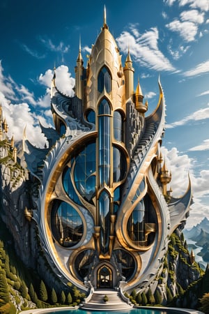 (best quality,  highres,  ultra high resolution,  masterpiece,  realistic,  extremely photograph,  detailed photo,  8K wallpaper,  intricate detail,  film grains), luxurious surreal scene of a giant vertical castle with dragon and hypersound rocket in parametric style, with flowing curves in black and white marble, gold metal and iridescent glass, inspired by Zaha Hadid, symmetrical, flowing curves and pointed corners, an aggressive design and imposing with art deco style details, located in giant mountains that emerge from an ocean full of giant sharks