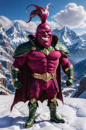 High definition photorealistic render of an incredible and mysterious character of a head mr beetroot vegetable warrior, with muscles and a big smile, with boots and capes, in a mountains snow, with luxurious details in marble and metal and details in parametric architecture and art deco, the vegetable It must be the head of the character full body pose themed beetroot themed costumes, magical phantasy