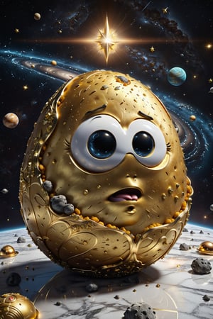 High definition photorealistic render of an incredible and mysterious potato with eyes located in interstellar space with planets, shooting stars, meteorites, cosmic matter and interstellar space with stars, a vegetable that colonized a new place, in white marble with intricate gold details, luxurious details and parametric architectural style in marble and metal, epic pose
​