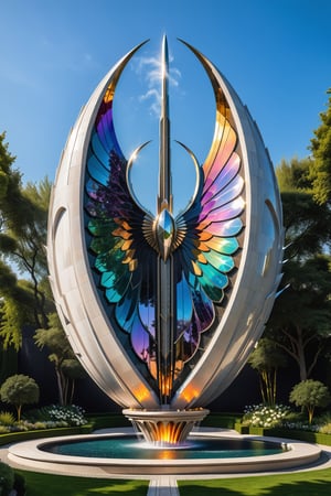 (best quality,  highres,  ultra high resolution,  masterpiece,  realistic,  extremely photograph,  detailed photo,  8K wallpaper,  intricate detail,  film grains), luxurious parametric sculpture in marble and metal of a mega rocket with giant glass wings, in marble and iridescent metal, rainbow, located in a flower garden, inspired by the sculptural designs of Zaha Hadid, it must be symmetrical and with shapes similar to the wings, and in the middle there must be a sword with a gothic throne-style design and general everything with very fluid curves and pointed corners, an aggressive and imposing design with a lot of details in each parametric curve, the design must be inside a castle with marble, fire pits and decorative water fountains and particles of smoke and dust, details in precious stones, art deco details