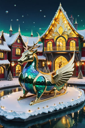 High definition photorealistic render of a luxury Beautiful mythical Christmas scene of Santa Claus with a sleigh pulled by reindeer in a mysterious and cozy town at night with yellow lights and many houses impregnated with Christmas, in red, green and white colors, a scene with sculptural sculpted ornament, in the background of the sea, with fish and marine life and bubbles, ice effects, with fluid and organic shapes, with precious stones, metal and marble, gold, with a background where a parametric sculpture with dragon wings appears, in metal, marble and iridescent glass, with precious diamonds, with symmetrical curves in the shape of wings on a marble background, black and white details, chaotic swarowski, inspired by Zaha Hadid's style, gold iridescence, with black and white details. The design is inspired by the main stage of Tomorrowland 2022, with ultra-realistic Art Deco details and a high level of iridescence of image complexity, a photograph with professional photography parameters with focal aperture and depth of field and ISO