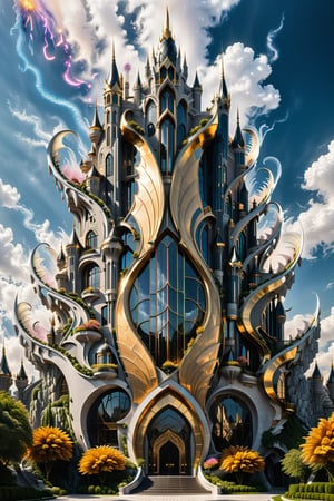 (best quality,  highres,  ultra high resolution,  masterpiece,  realistic,  extremely photograph,  detailed photo,  8K wallpaper,  intricate detail,  film grains), luxurious surreal scene of a giant vertical castle with dragon and hypersound rocket in parametric style, with flowing curves in black and white marble, gold metal and iridescent glass, inspired by Zaha Hadid, symmetrical, flowing curves and pointed corners, an aggressive design and imposing with art deco style details, located in a city full of crystal waterfalls with fireworks and many flowers