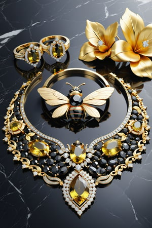 Photorealistic render in high definition of a jewelry set that includes a necklace, a bracelet, a ring and a pair of earrings, made of diamonds and black and yellow  precious stones, this entire set must be themed in the shape of a bee  animal, until its presentation , the background IN MARBLE black and yellow AND WITHE COLOR must include swan feathers on a fabric background, iridescent glass and marble and luxurious oriental external decoration, full of elegant mystery, symmetrical, geometric and parametric details, Technical design, Ultra intricate details, Ornate details, Stylized details, Lighting cinematic, 8k, Unreal, Photorealistic, Hyperrealism, CGI, VFX, SFX