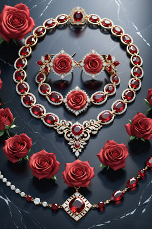 photorealistic render in high definition of a jewelry set that includes a necklace, a bracelet, a ring and a pair of earrings, all of these must be made of diamonds and red precious stones, since they must be themed or symbolically represent a rose, marble and fabric decoration red color composition roses, its inspiration in a rose makes it elegant, decoration in glass and marble and luxurious oriental external decoration, full of elegant mystery, symmetrical, geometric and parametric details, Technical design , Ultra intricate details, Ornate details, Stylized details, Cinematic lighting, 8k, Unreal, Photorealistic, Hyperrealism, CGI, VFX, SFX