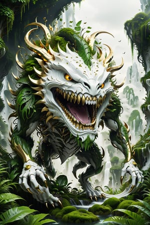 High definition photorealistic render of an incredible and mysterious futuristic mythical creating creature inusual big with multiple and many teeth terrorific smile and thin legs in splosion monster with parametric shape and structure in the word, curved and fluid shapes in a thick jungle full of a lot of vegetation and trees with vines and rocks with moss, in white marble with intricate gold details, luxurious details and parametric architectural style in marble and metal, epic pose
​