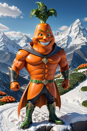 High definition photorealistic render of an incredible and mysterious character of a head mr carrot vegetable warrior, with muscles and a big smile, with boots and capes, in a mountains snow, with luxurious details in marble and metal and details in parametric architecture and art deco, the vegetable It must be the head of the character full body pose themed carrot themed costumes, magical phantasy