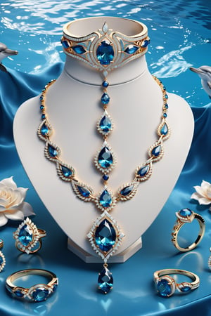 Photorealistic render in high definition of a jewelry set that includes a necklace, a bracelet, a ring and a pair of earrings, made of diamonds and blue precious stones, this entire set must be themed in the shape of a dolphin, until its presentation , the background must include swan feathers on a fabric background, iridescent glass and marble and luxurious oriental external decoration, full of elegant mystery, symmetrical, geometric and parametric details, Technical design, Ultra intricate details, Ornate details, Stylized details, Lighting cinematic, 8k, Unreal, Photorealistic, Hyperrealism, CGI, VFX, SFX