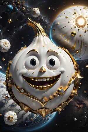 High definition photorealistic render of an incredible and mysterious character garlic with eyes and smile located in interstellar space with planets, shooting stars, meteorites, cosmic matter and interstellar space with stars, a vegetable that colonized a new place, in white marble with intricate gold details, luxurious details and parametric architectural style in marble and metal, epic pose
​