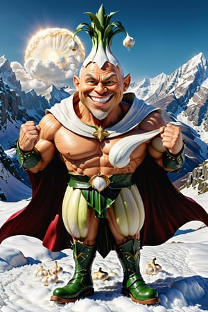 High definition photorealistic render of an incredible and mysterious character of a head mr big head of garlic vegetable warrior, with muscles and a big smile, with boots and capes, in a mountains snow, with luxurious details in marble and metal and details in parametric architecture and art deco, the vegetable It must be the head of the character full body pose themed head of garlic themed costumes, magical phantasy