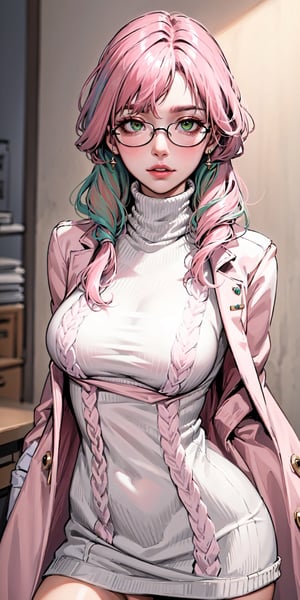 (masterpiece:1.2, best quality), (Highres), 4K, 8K, Detailed Illustration, Ultra-Detailed,  sexy mature, look at viewer, (((pink_hair, long hair, ))), ((green eye)), cute face,  ((( medium breast))), polished bold lip color, minimalistic jewelry, in the office, ((in the morning)) (wearing: glasses, (Cashmere_turtleneck:1.4)), High detailed ,fishnet dress
