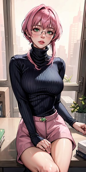 (masterpiece:1.2, best quality), (Highres), 4K, 8K, Detailed Illustration, Ultra-Detailed,  sexy mature, look at viewer, (((pink_hair,(Random_hairstyle:1.3) ))), ((green eye)), cute face,  ((( medium breast))), polished bold lip color, minimalistic jewelry, in the office, ((in the morning)) (wearing: glasses, (Cashmere_turtleneck:1.5), office skirt), High detailed ,fishnet dress